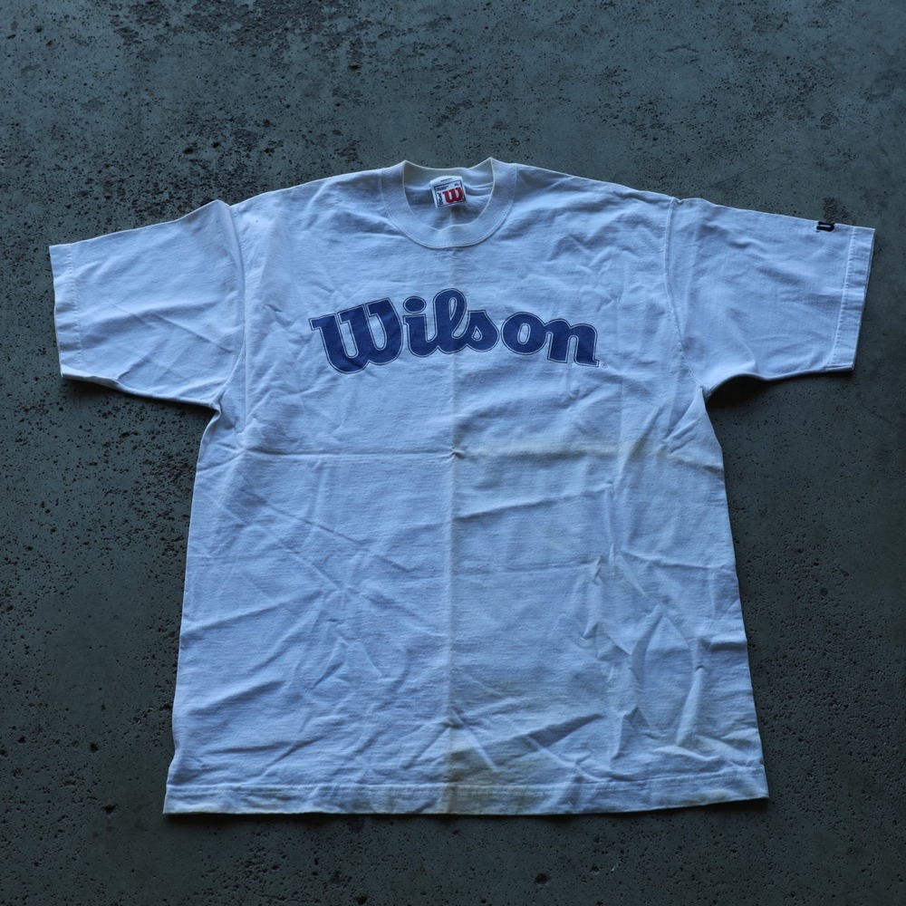 Vintage 90s Wilson Spell Out Script Logo T-Shirt Size XL Made in USA White Blue
